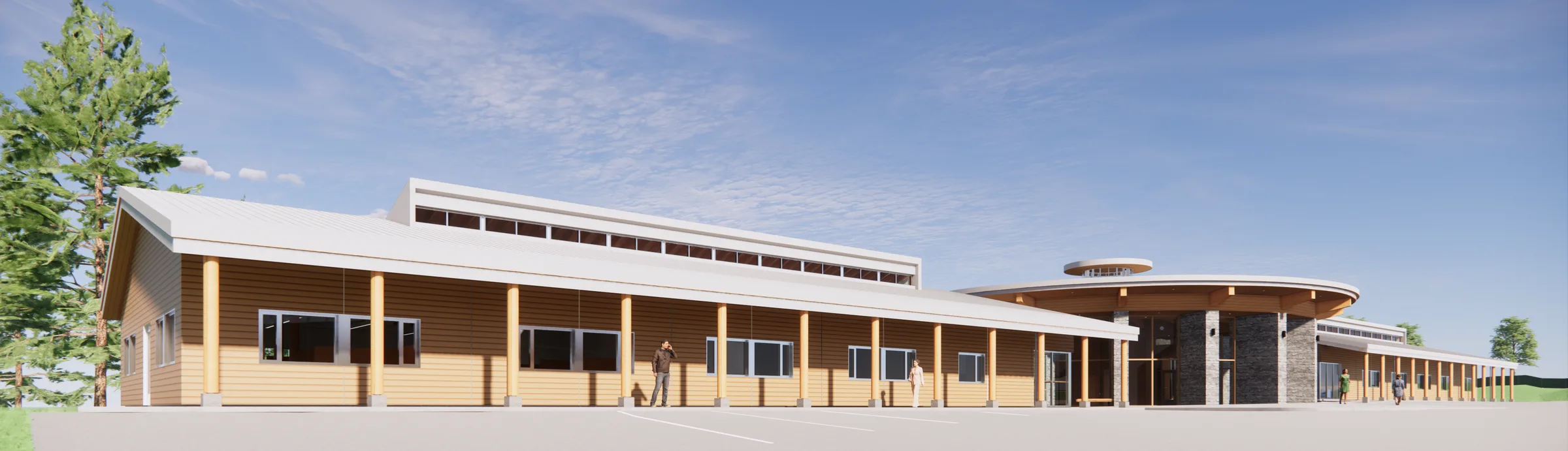 Rendering of the long elevation, a continuous canopy running the length of the building.