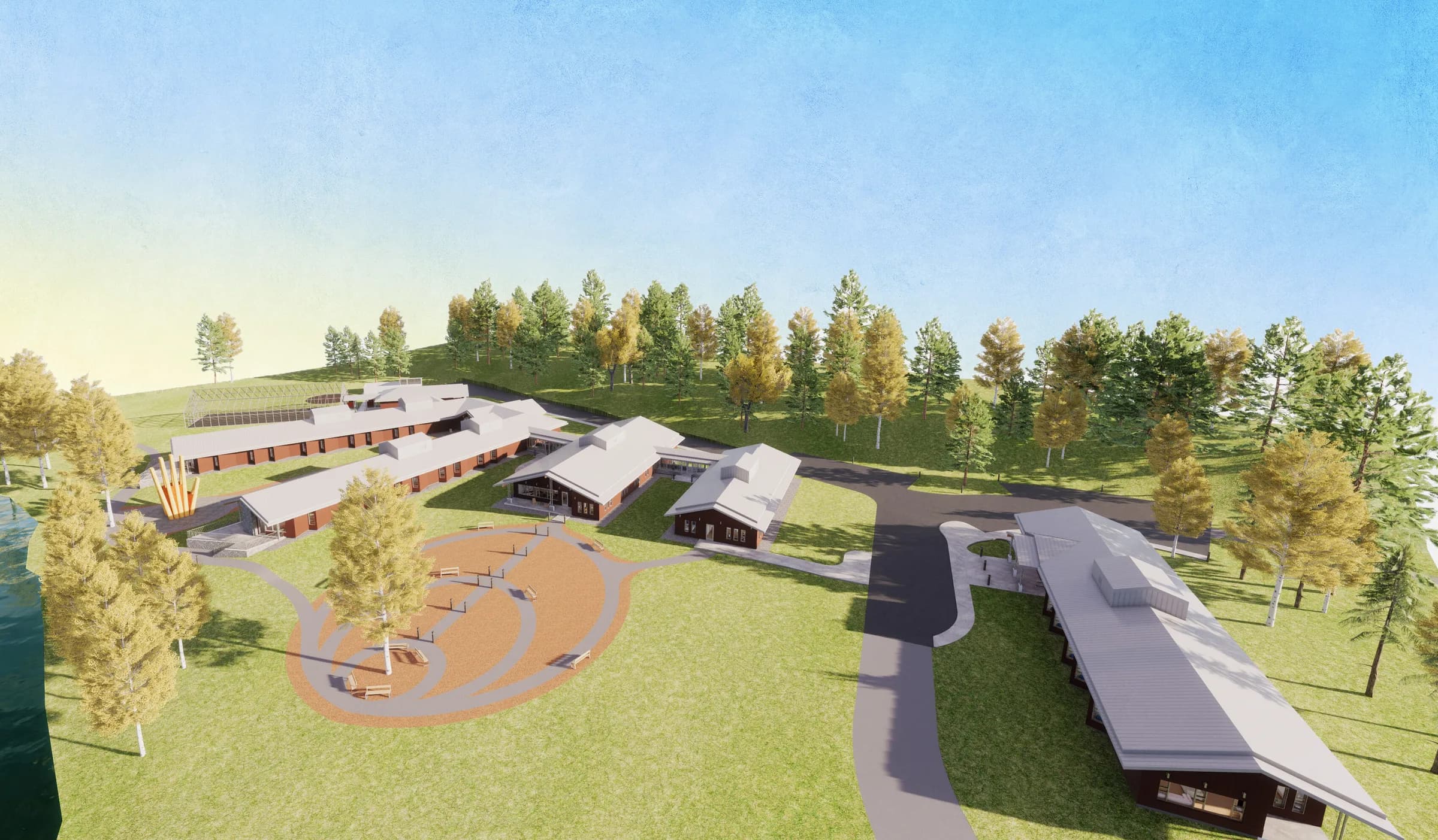 Rendering of the proposed campus from the air, its buildings arranged around a central gathering circle.