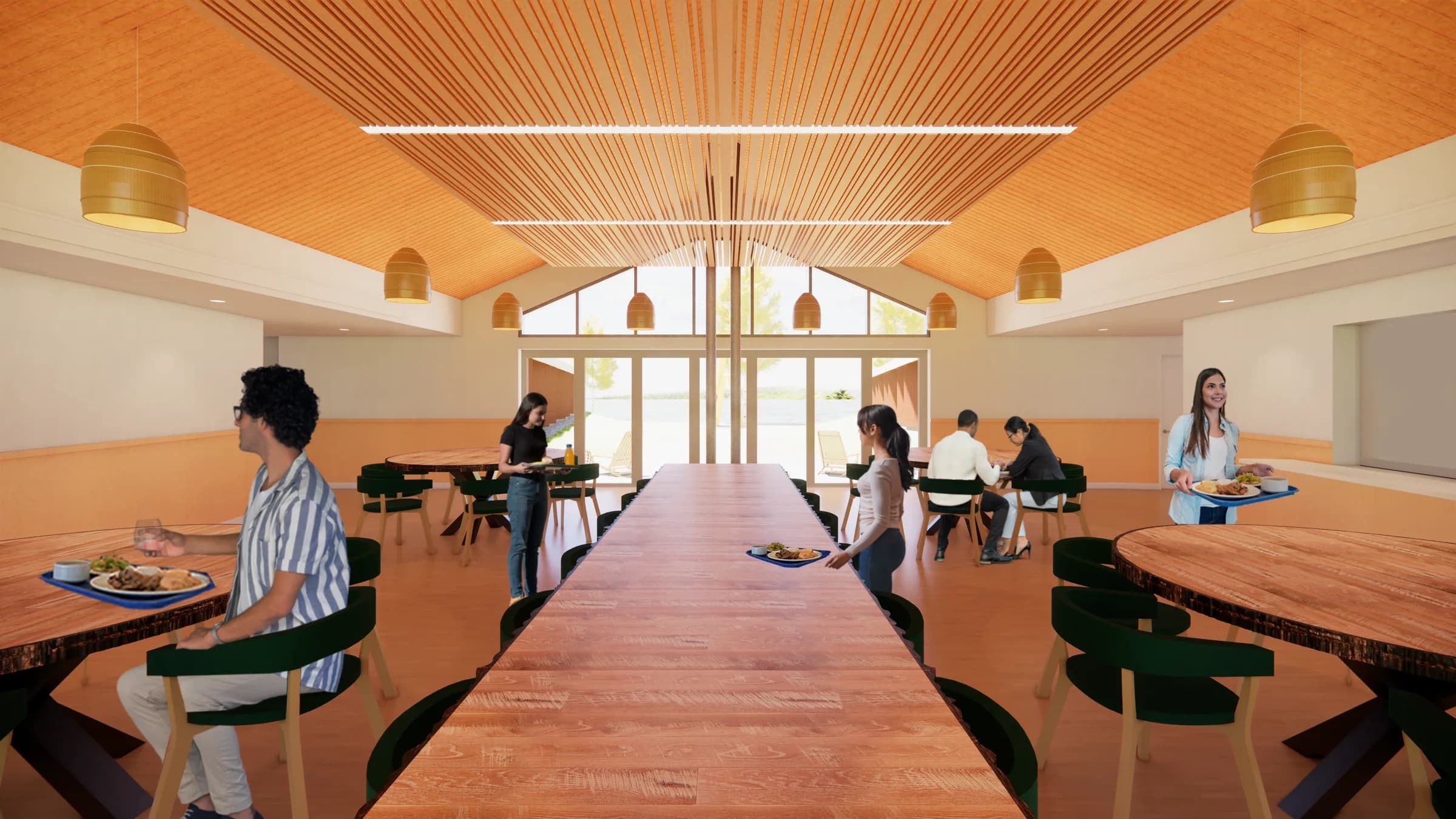 Rendering of the dining hall, with long communal tables under a timber ceiling.