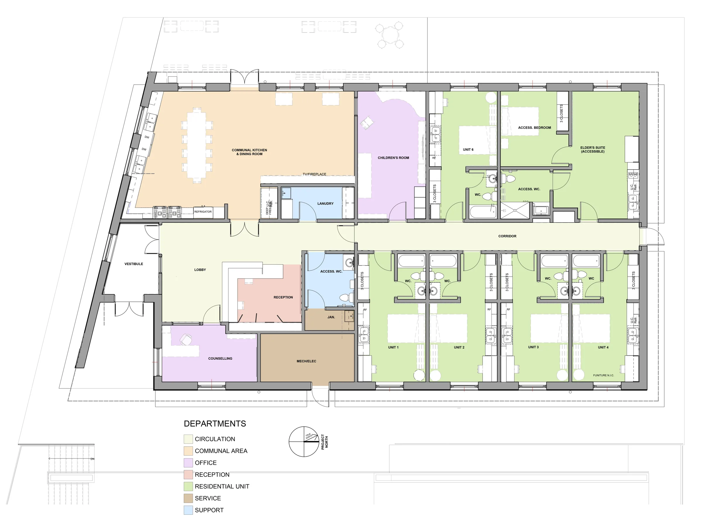 Colour-coded floor plan showing residential units, communal areas, offices and support spaces.