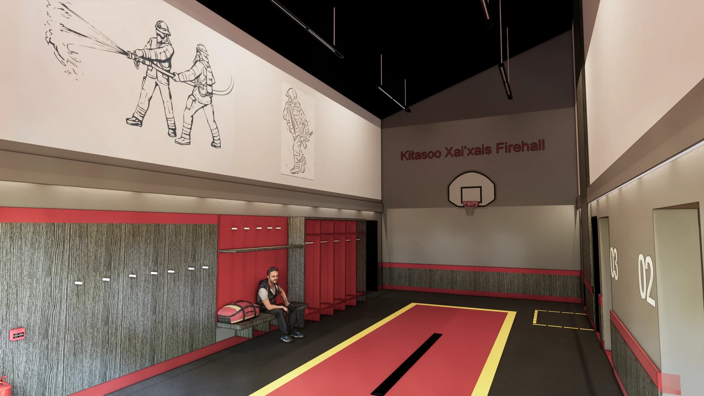 Rendering of the apparatus bay, a mural of firefighters along the upper wall.