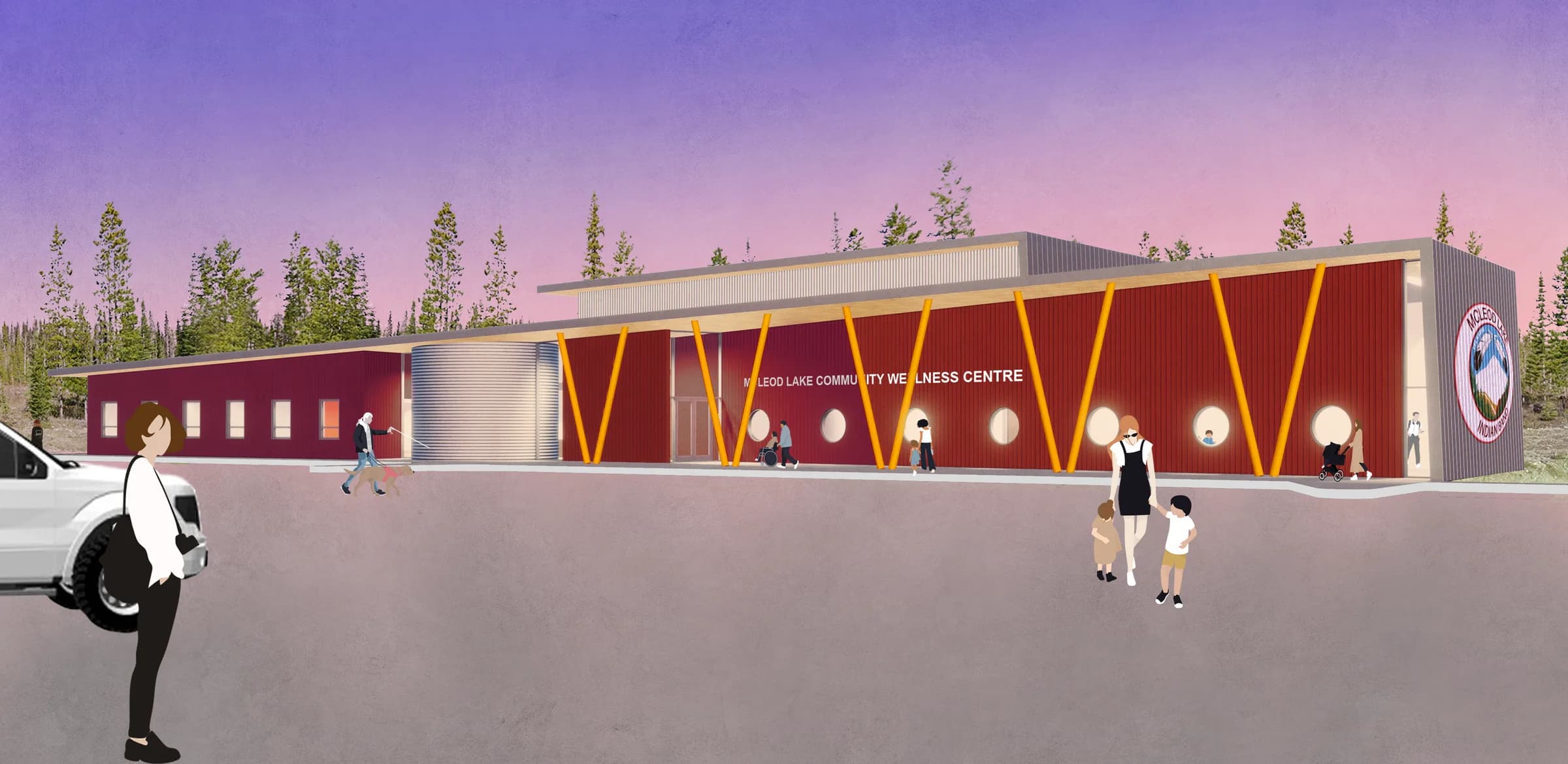 Rendering of the proposed centre at dusk, its long red facade marked by a row of angled timber columns.
