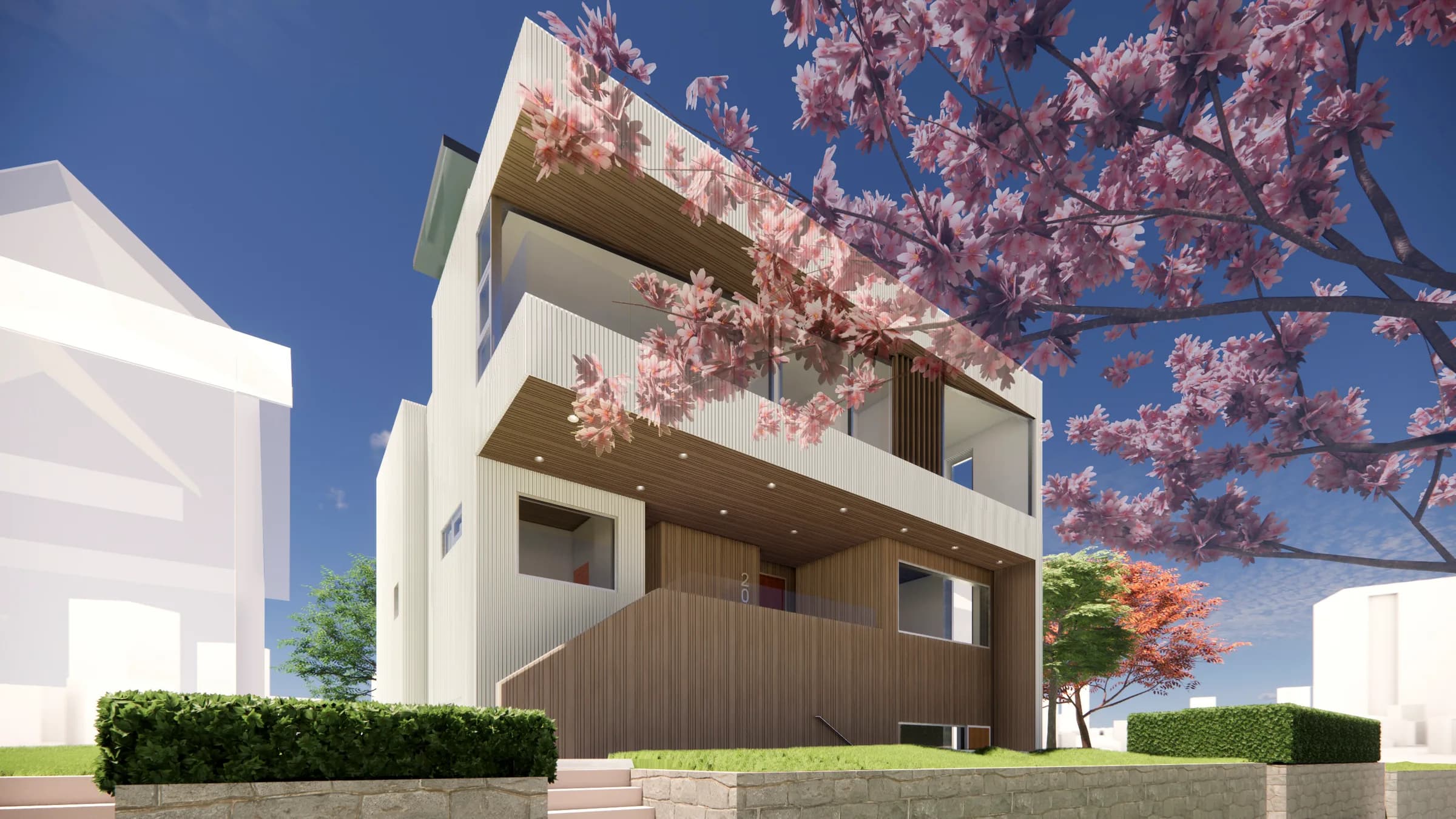 Rendering of the proposed house, its white and timber-clad volumes seen through cherry blossom.
