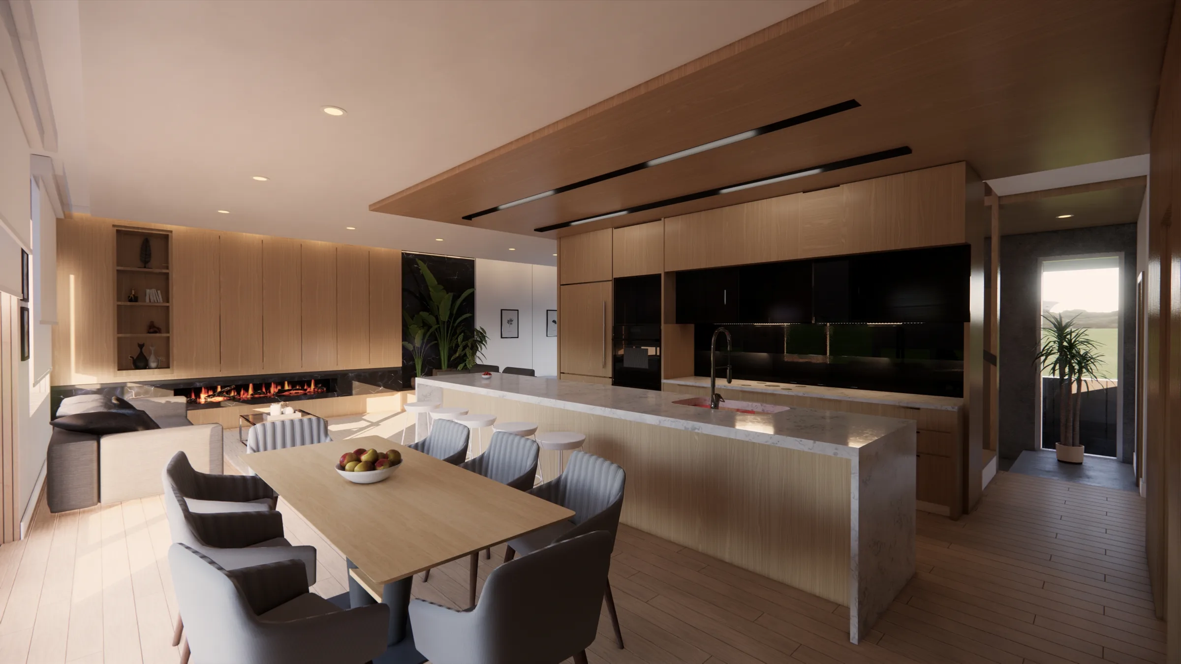 Rendering of the kitchen and dining area, with a long island and a linear fireplace.