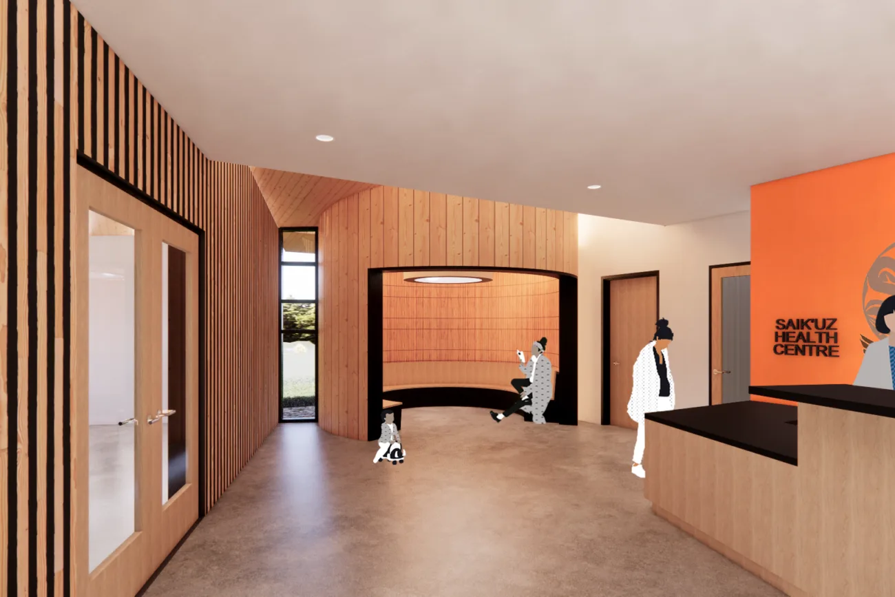 Rendering of the entrance and reception, with a slatted timber wall and the centre's name on an orange panel.