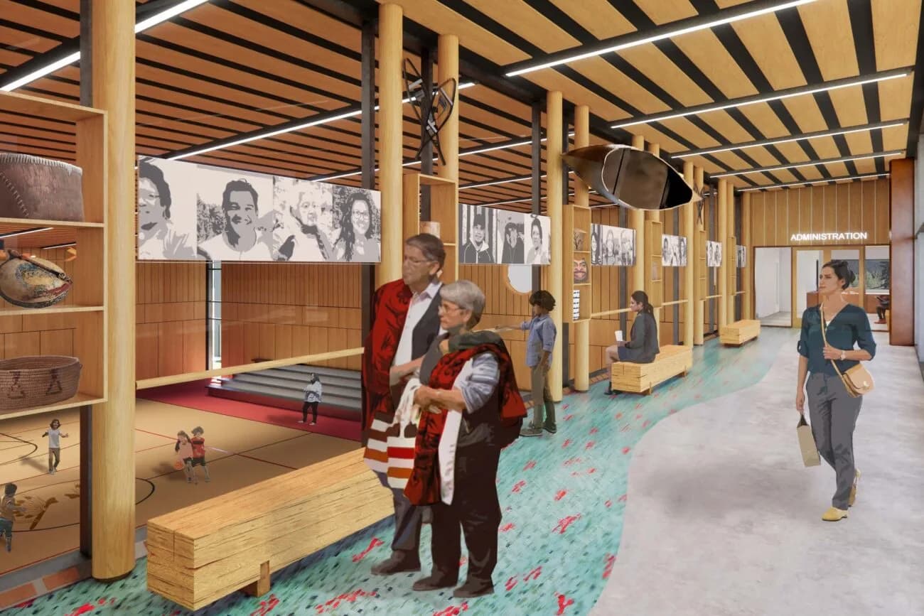 Rendering of the cultural gallery on the upper level, overlooking the gymnasium below.