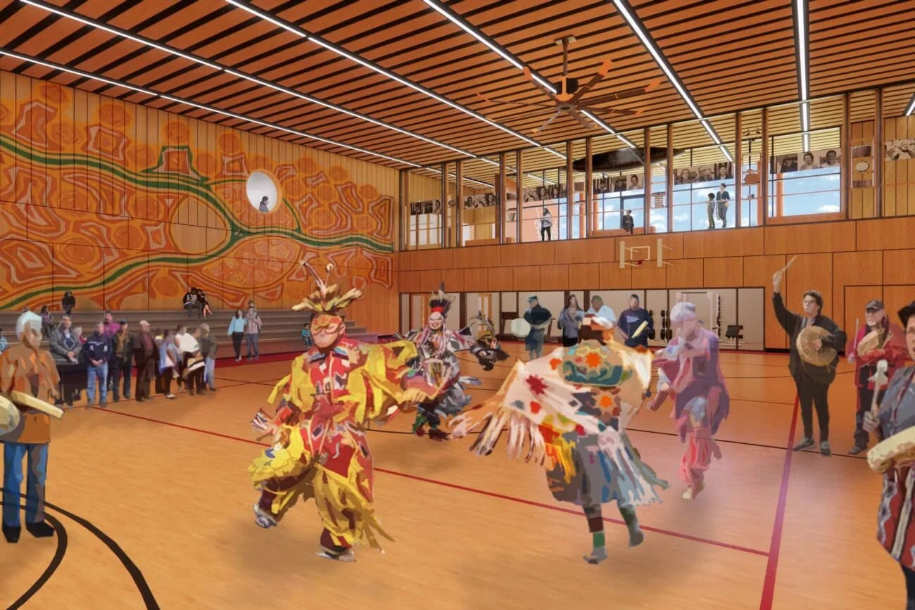 Rendering of a gathering in the community hall, with dancers in regalia on the gymnasium floor.