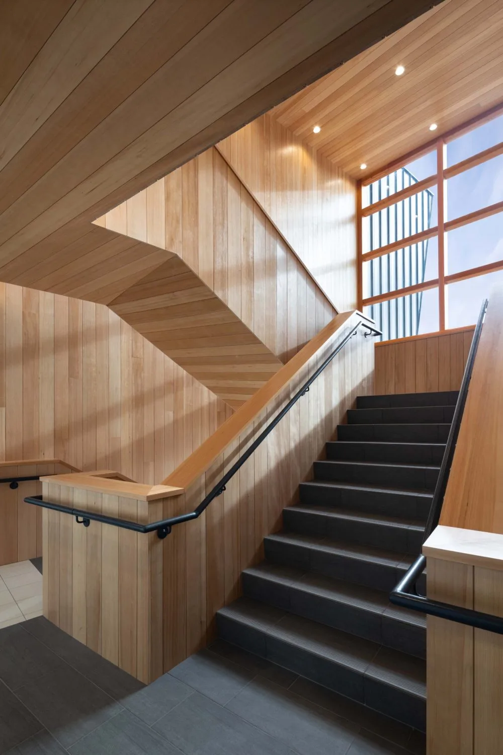 The locally sourced hemlock-lined main stair, its folded ceiling and slatted screen filtering daylight.