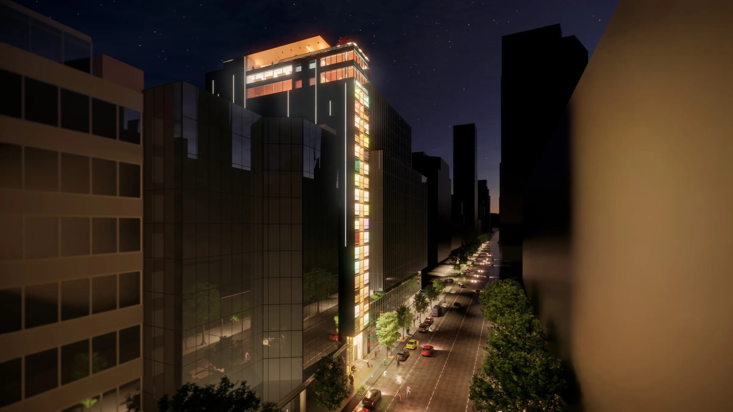 Night rendering of the hotel from Robson Square