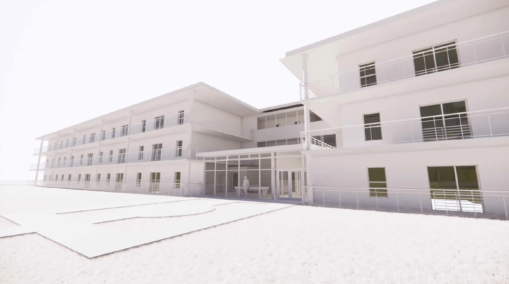 Conceptual rendering, indicates the massing and balconies in relation to sun and site context.