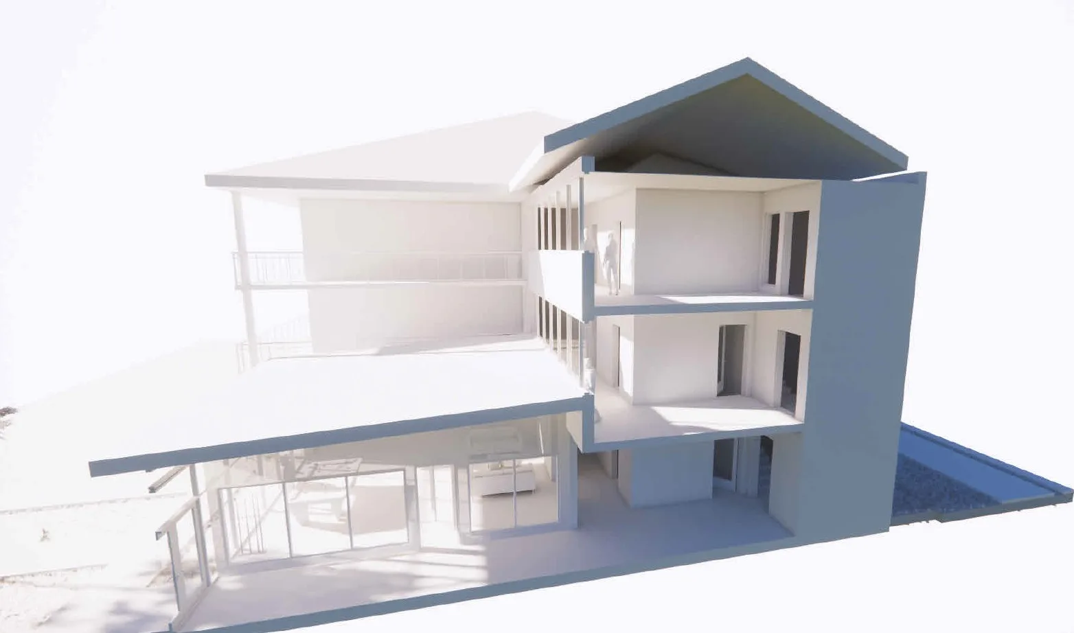 3D section through the atrium space. Showing the relationship of public area vs private.